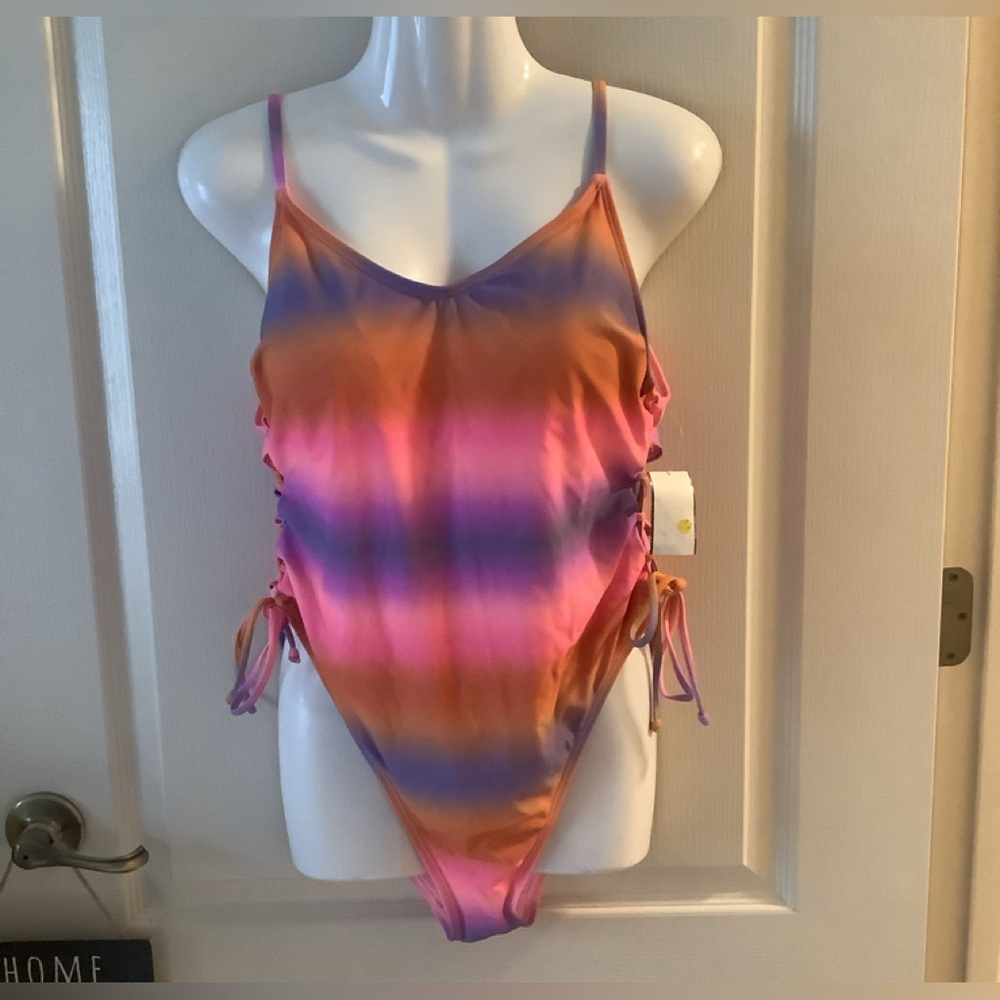 No Boundaries one-piece swimsuit rainbow colors NWT tied dyed look size XL 15-17